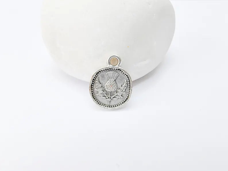 4 Thistle Charm, Double Sided Pendant, Boho Jewelry Making Supplies, Antique Silver Plated, 16x12mm G37341