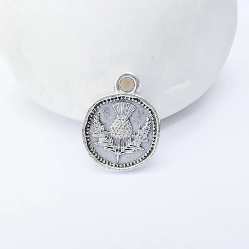 4 Thistle Charm, Double Sided Pendant, Boho Jewelry Making Supplies, Antique Silver Plated, 16x12mm G37341