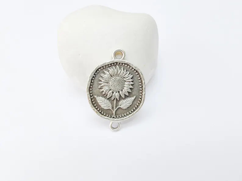 Sunflower Connector Charm, Floral Pendant, Boho Jewelry Making Supplies, Antique Silver Plated, 31x22mm G37344