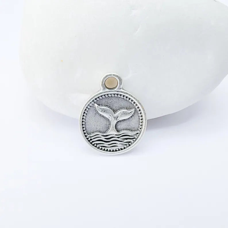 4 Whale Tail Charm, Double Sided Pendant, Nautical Jewelry Making Supplies, Antique Silver Plated, 16x13mm G37345