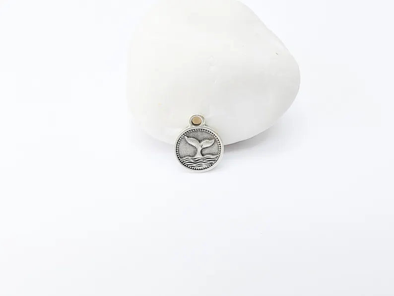 4 Whale Tail Charm, Double Sided Pendant, Nautical Jewelry Making Supplies, Antique Silver Plated, 16x13mm G37345
