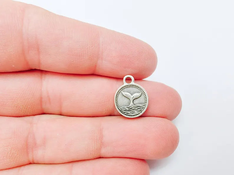 4 Whale Tail Charm, Double Sided Pendant, Nautical Jewelry Making Supplies, Antique Silver Plated, 16x13mm G37345
