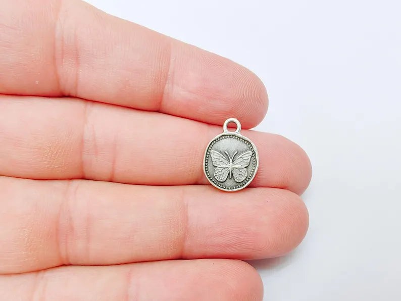 4 Butterfly Charm, Double Sided Pendant, Boho Jewelry Making Supplies, Antique Silver Plated, 16x12mm G37348