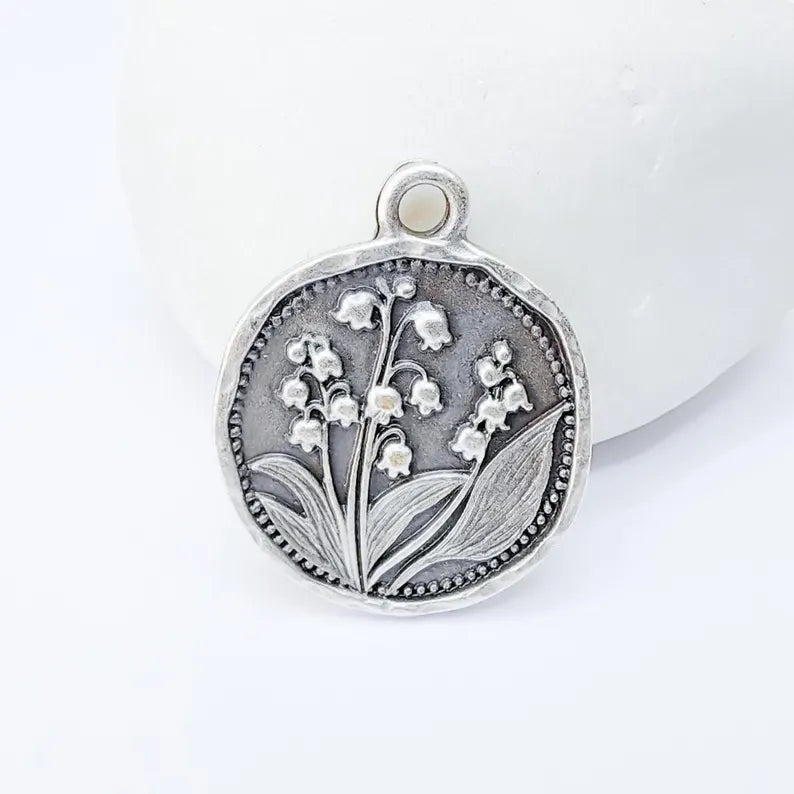 Lily of the Valley Charm, Floral Pendant, Boho Jewelry Making Supplies, Antique Silver Plated, 27x22mm G37336