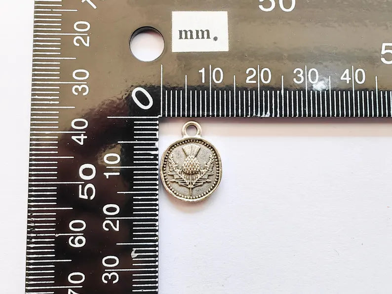 4 Thistle Charm, Double Sided Pendant, Boho Jewelry Making Supplies, Antique Silver Plated, 16x12mm G37341