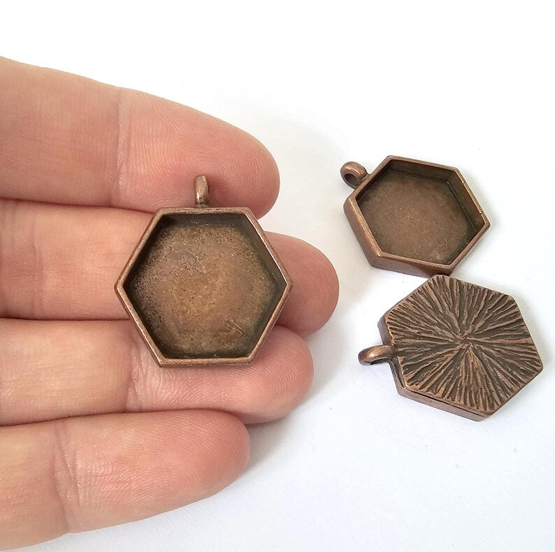 Hexagonal Pendant Blanks, Resin Bezel Bases, Mosaic Mountings, Dry flower Frame, Polymer Clay base, Antique Copper Plated (20mm) G37318
