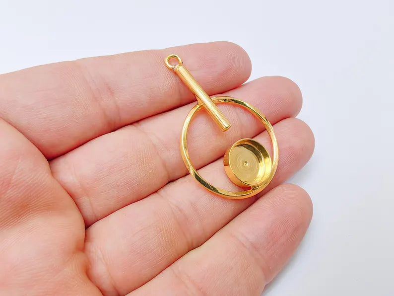 Geometric Pendant with Bezel, Earring Base, 24k Shiny Gold Brass Charm, Adjustable Jewelry Making Supplies, 45x29mm, 12mm Bezel G37352