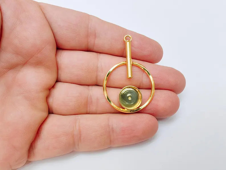 Geometric Pendant with Bezel, Earring Base, 24k Shiny Gold Brass Charm, Adjustable Jewelry Making Supplies, 45x29mm, 12mm Bezel G37352
