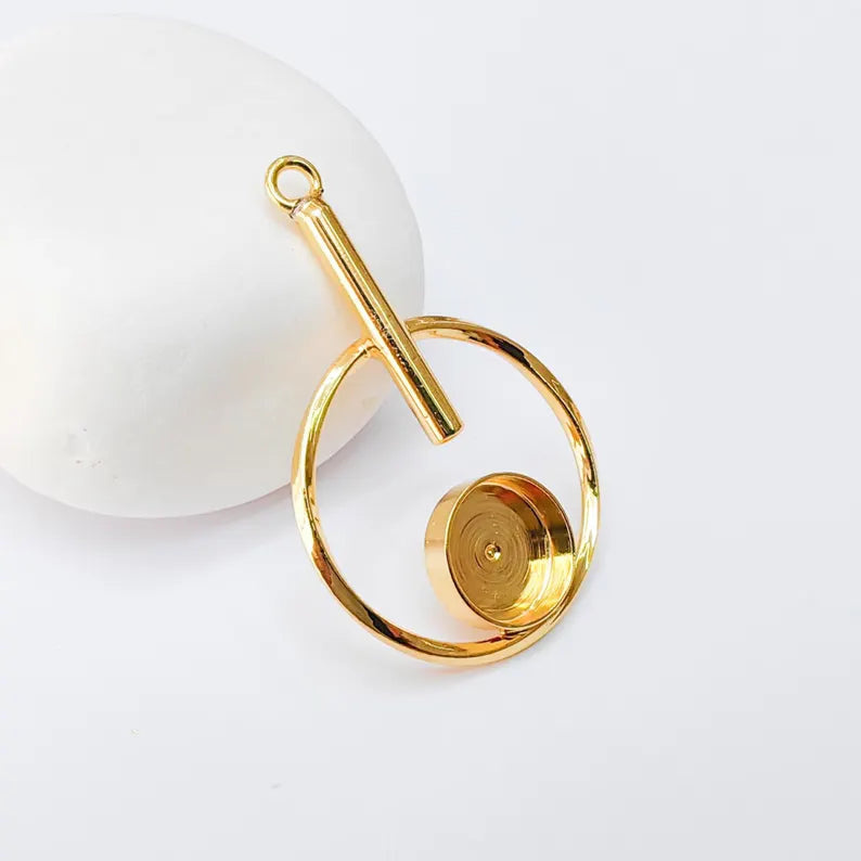 Geometric Pendant with Bezel, Earring Base, 24k Shiny Gold Brass Charm, Adjustable Jewelry Making Supplies, 45x29mm, 12mm Bezel G37352