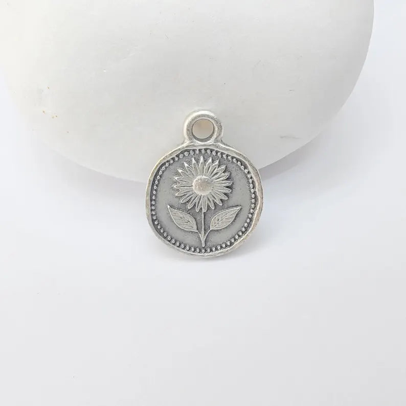 4 Sunflower Charm Pendant, Double Sided Flower Jewelry Making Supplies, Antique Silver Plated, 16x12mm G37356