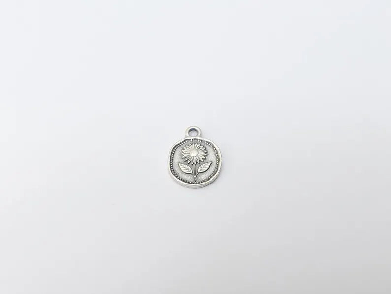 4 Sunflower Charm Pendant, Double Sided Flower Jewelry Making Supplies, Antique Silver Plated, 16x12mm G37356