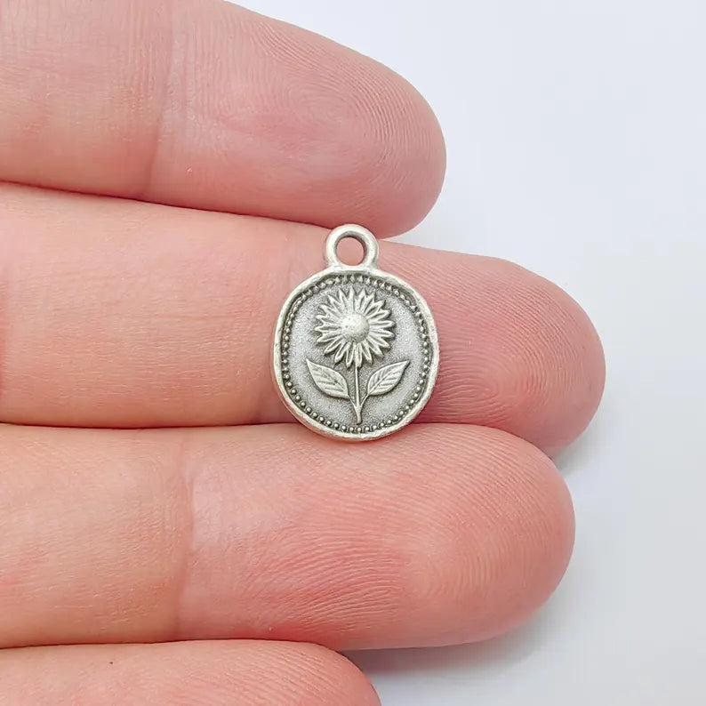 4 Sunflower Charm Pendant, Double Sided Flower Jewelry Making Supplies, Antique Silver Plated, 16x12mm G37356