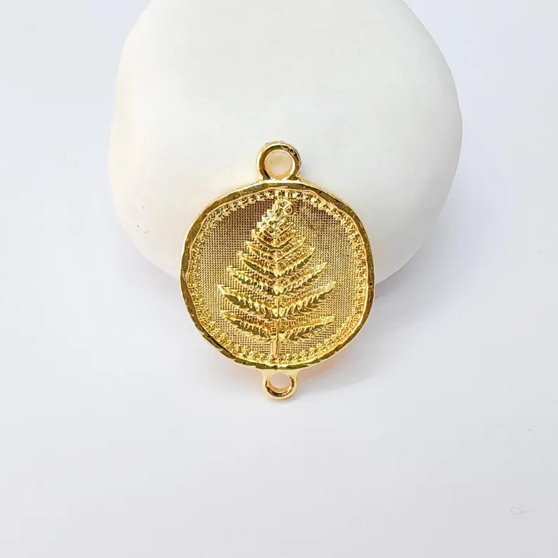 Fern Connector Pendant, Double Loop Charm, Boho Jewelry Making Supplies, 24k Shiny Gold, 31x22mm, G37364