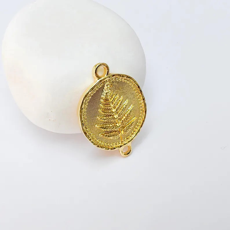 Fern Connector Pendant, Double Loop Charm, Boho Jewelry Making Supplies, 24k Shiny Gold, 31x22mm, G37364