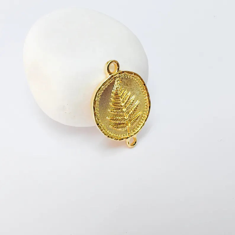 Fern Connector Pendant, Double Loop Charm, Boho Jewelry Making Supplies, 24k Shiny Gold, 31x22mm, G37364