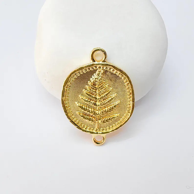 Fern Connector Pendant, Double Loop Charm, Boho Jewelry Making Supplies, 24k Shiny Gold, 31x22mm, G37364