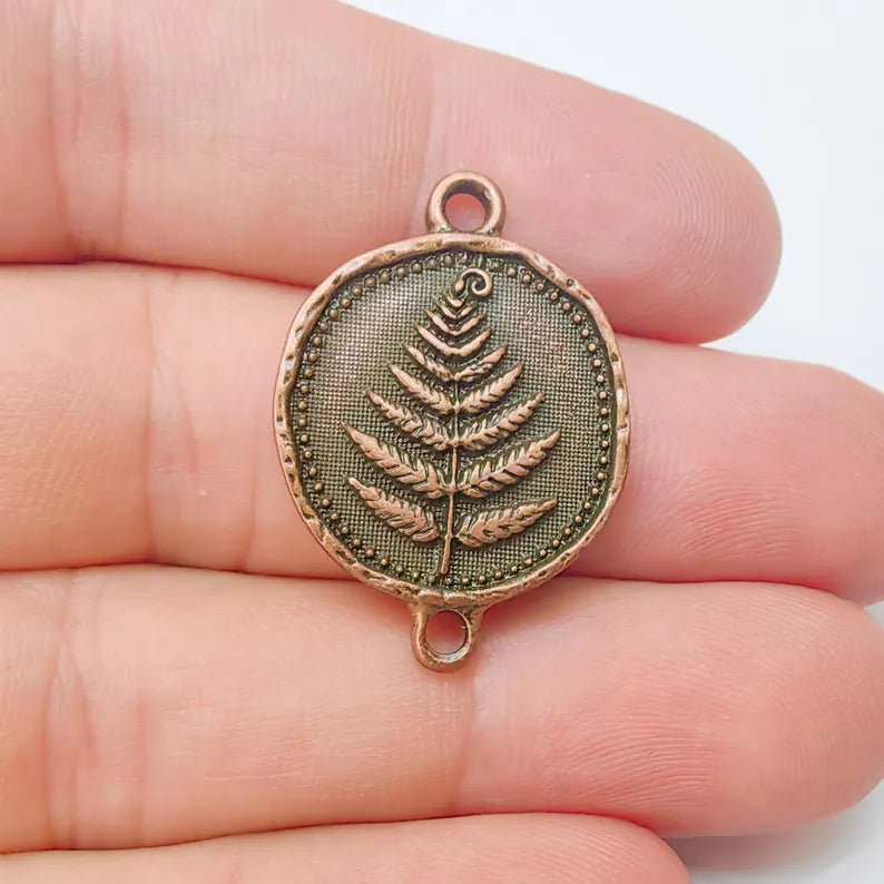 Fern Connector Pendant, Antique Copper Plated Charm, Double Loop Jewelry Making Supplies, 31x22mm G37366