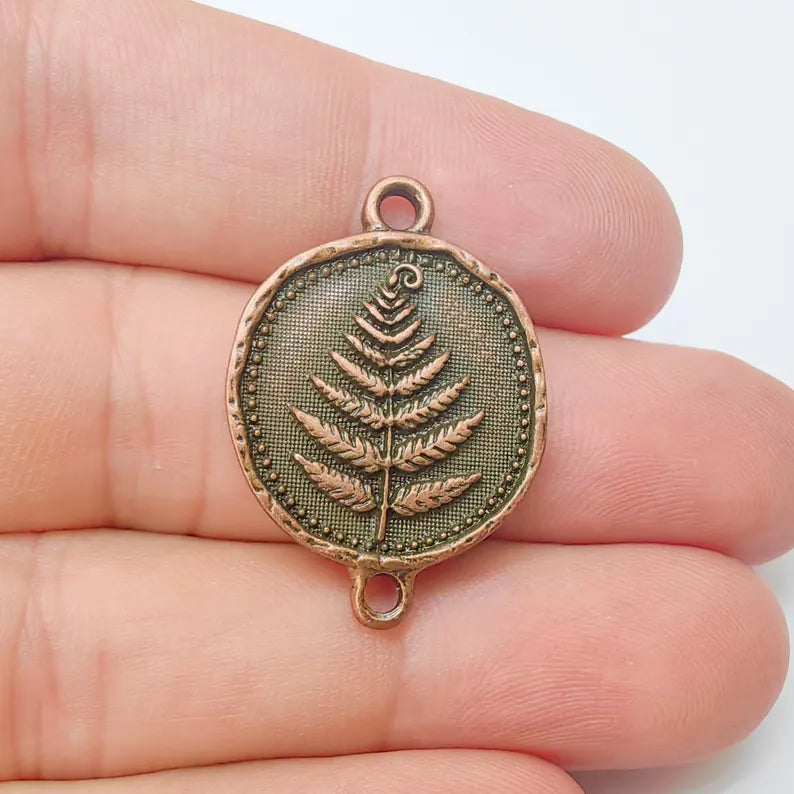 Fern Connector Pendant, Antique Copper Plated Charm, Double Loop Jewelry Making Supplies, 31x22mm G37366