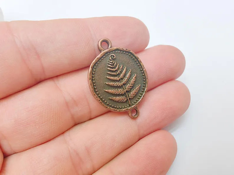 Fern Connector Pendant, Antique Copper Plated Charm, Double Loop Jewelry Making Supplies, 31x22mm G37366