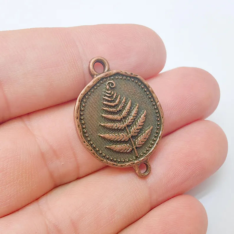 Fern Connector Pendant, Antique Copper Plated Charm, Double Loop Jewelry Making Supplies, 31x22mm G37366