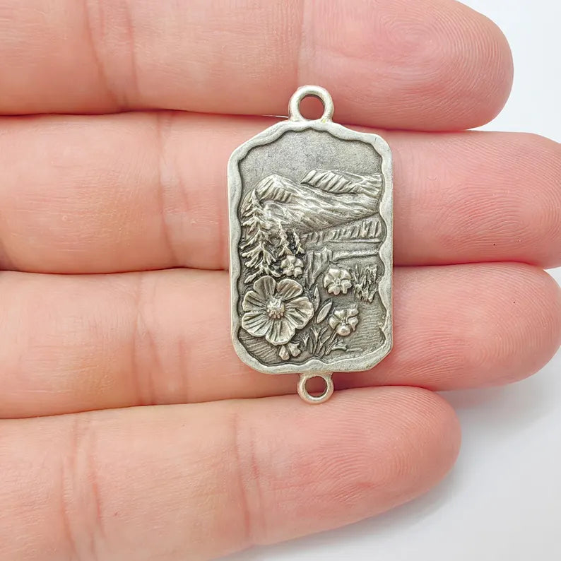 Mountain Landscape Pendant Connector, Antique Silver Plated, Nature Jewelry Supplies, 37x19mm, G37368