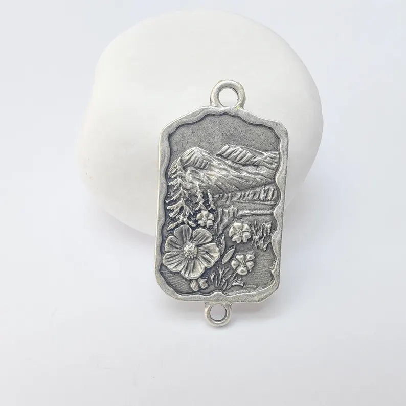 Mountain Landscape Pendant Connector, Antique Silver Plated, Nature Jewelry Supplies, 37x19mm, G37368
