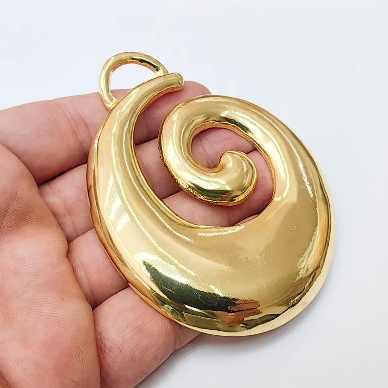 Large Spiral Pendant, 24k Shiny Gold Statement Jewelry Making, 93x76mm, G37373