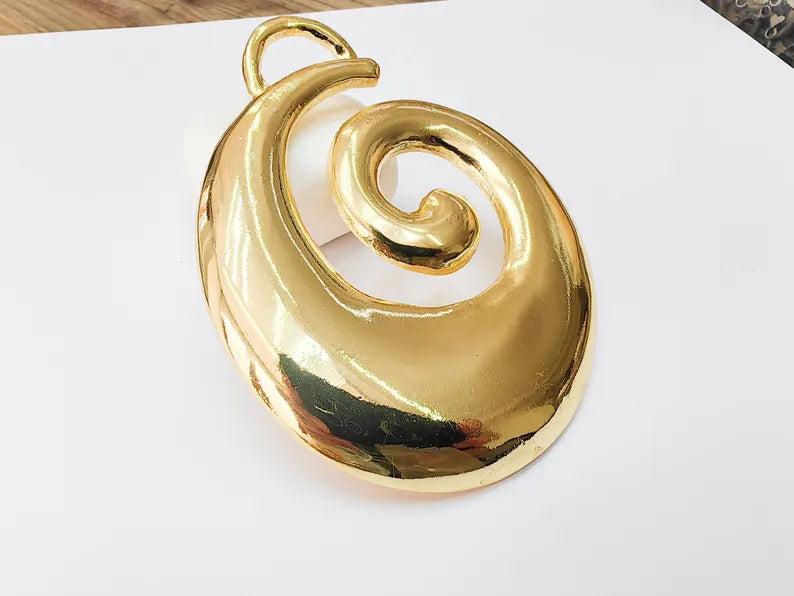 Large Spiral Pendant, 24k Shiny Gold Statement Jewelry Making, 93x76mm, G37373