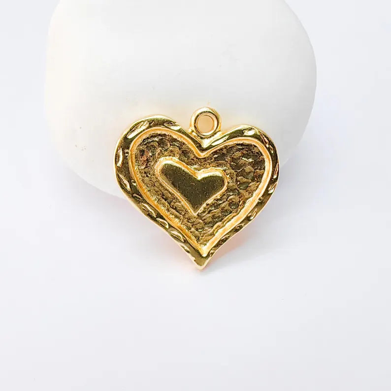 Heart Charmt Pendant, Double Heart Design, 24k Shiny Gold, 23x23mm, G37374