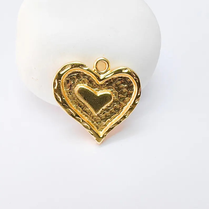 Heart Charmt Pendant, Double Heart Design, 24k Shiny Gold, 23x23mm, G37374