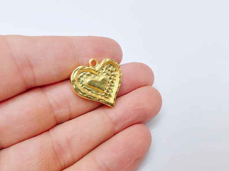 Heart Charmt Pendant, Double Heart Design, 24k Shiny Gold, 23x23mm, G37374