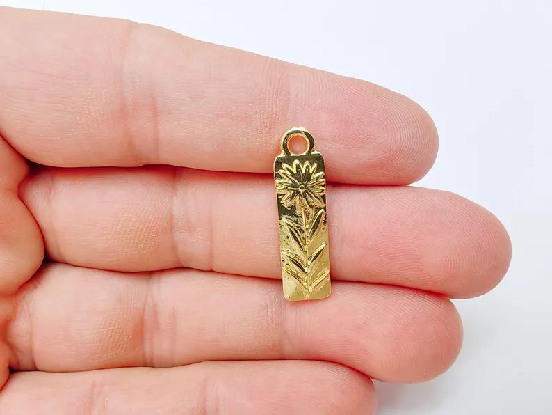 Flower Charm Pendant, Rectangular Bar Design, 24k Shiny Gold, 28x8mm, G37376