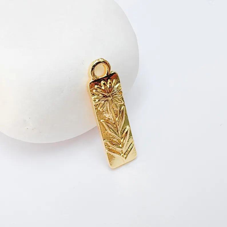 Flower Charm Pendant, Rectangular Bar Design, 24k Shiny Gold, 28x8mm, G37376