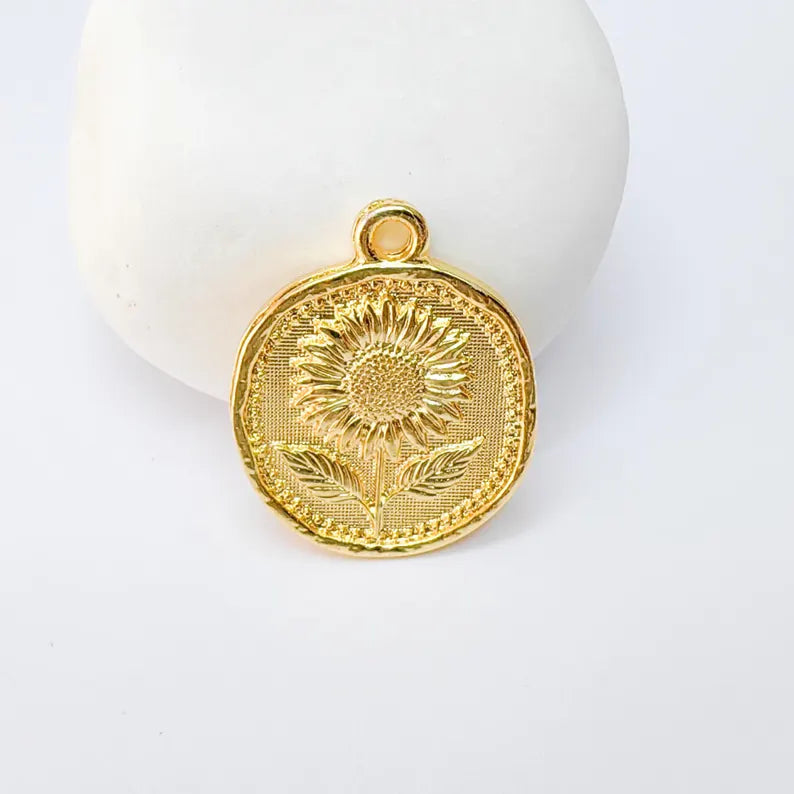 Sunflower Charm Pendant, Round Floral Jewelry Making Supplies, 24k Shiny Gold Plated Zamac, 27x22mm, G37382