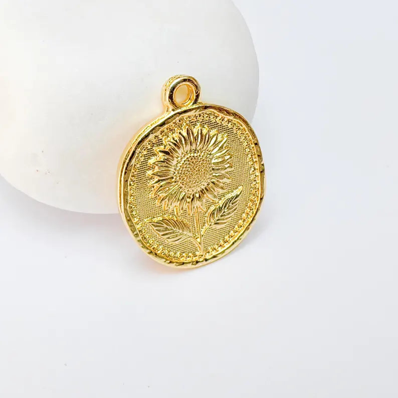Sunflower Charm Pendant, Round Floral Jewelry Making Supplies, 24k Shiny Gold Plated Zamac, 27x22mm, G37382