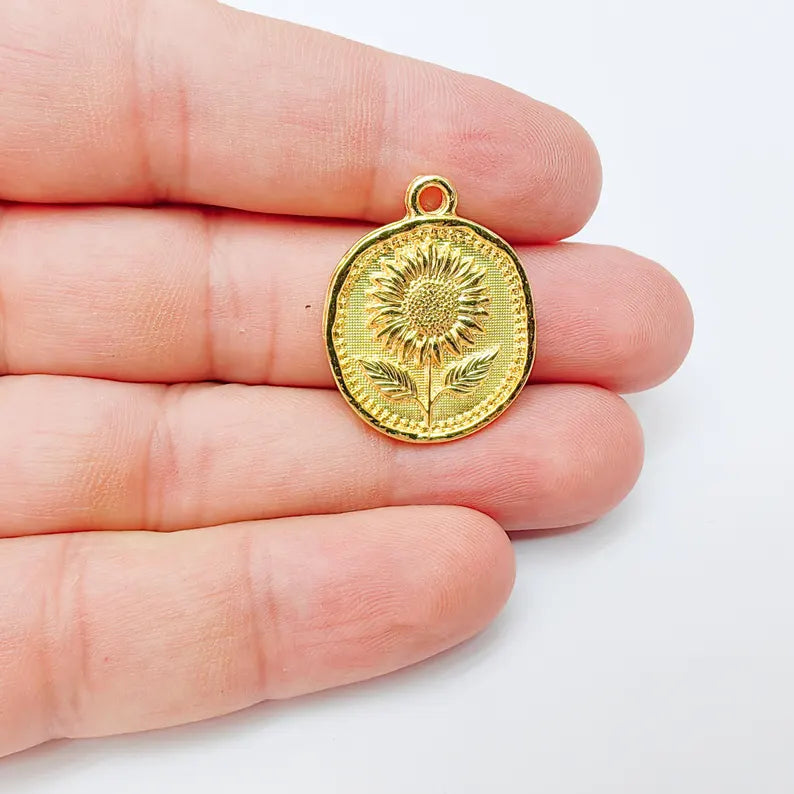 Sunflower Charm Pendant, Round Floral Jewelry Making Supplies, 24k Shiny Gold Plated Zamac, 27x22mm, G37382