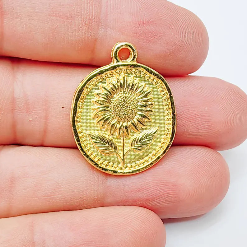 Sunflower Charm Pendant, Round Floral Jewelry Making Supplies, 24k Shiny Gold Plated Zamac, 27x22mm, G37382