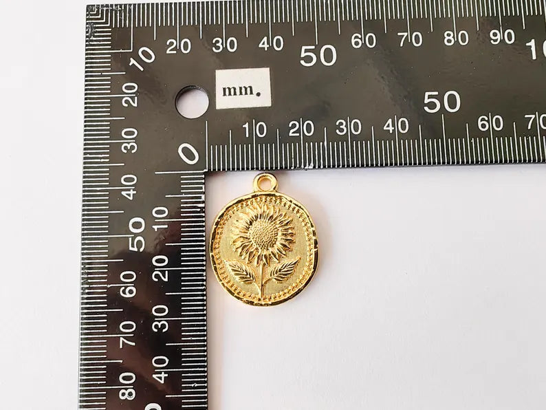 Sunflower Charm Pendant, Round Floral Jewelry Making Supplies, 24k Shiny Gold Plated Zamac, 27x22mm, G37382