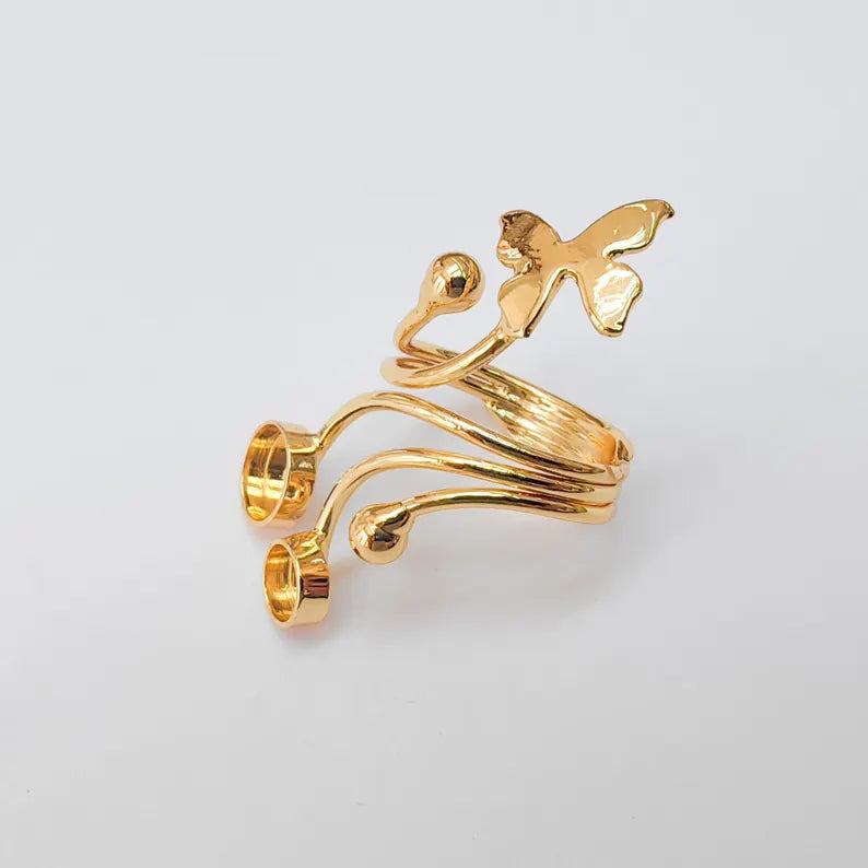 Butterfly Adjustable Ring Bezel, Floral Ring Base, 6mm and 8mm Bezel Cups, 24k Shiny Gold Brass, G37383