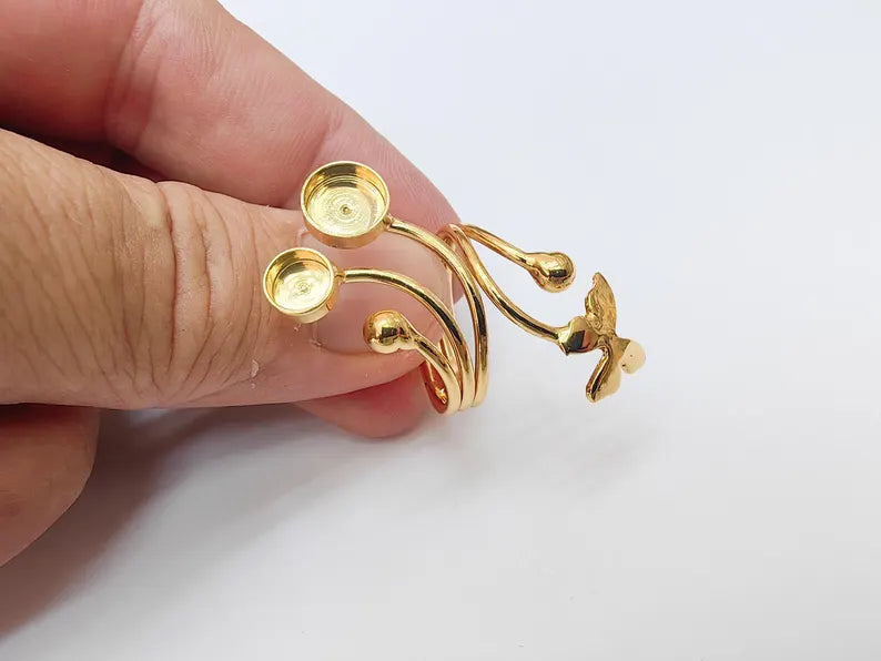 Butterfly Adjustable Ring Bezel, Floral Ring Base, 6mm and 8mm Bezel Cups, 24k Shiny Gold Brass, G37383
