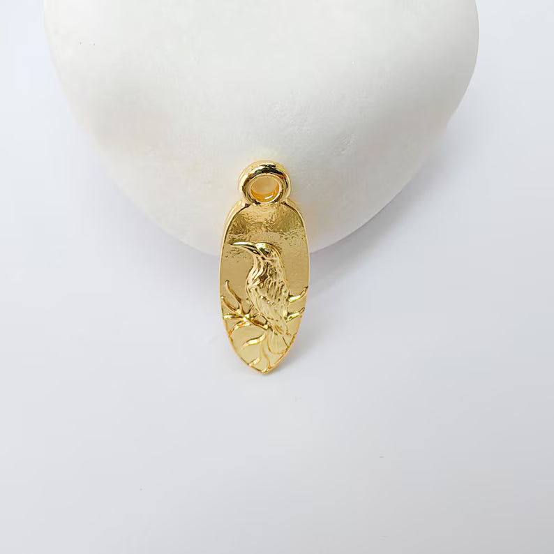 2 Raven Charm Pendant, Oval Bird Jewelry Making Supplies, 24k Shiny Gold Zamac, 26x9mm, G37384