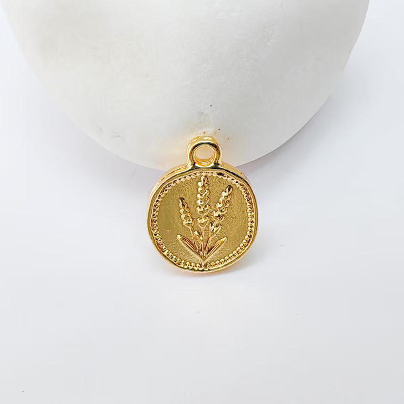 2 Lavender Flower Charm Pendant, Double Sided Oval Design, 24k Shiny Gold Zamac, 16x13mm, G37388