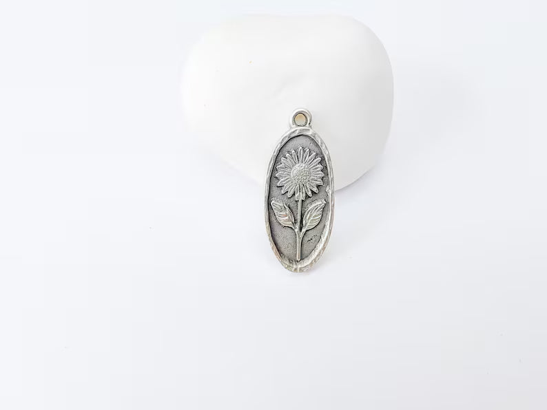 Sunflower Pendant Charm, Oval Floral Pendant, Antique Silver Plated Jewelry Making, 30x13mm G37389