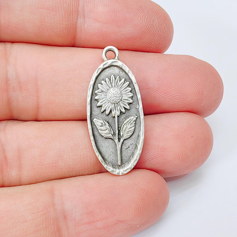 Sunflower Pendant Charm, Oval Floral Pendant, Antique Silver Plated Jewelry Making, 30x13mm G37389