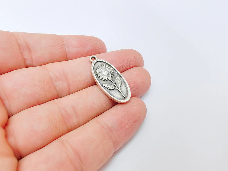 Sunflower Pendant Charm, Oval Floral Pendant, Antique Silver Plated Jewelry Making, 30x13mm G37389