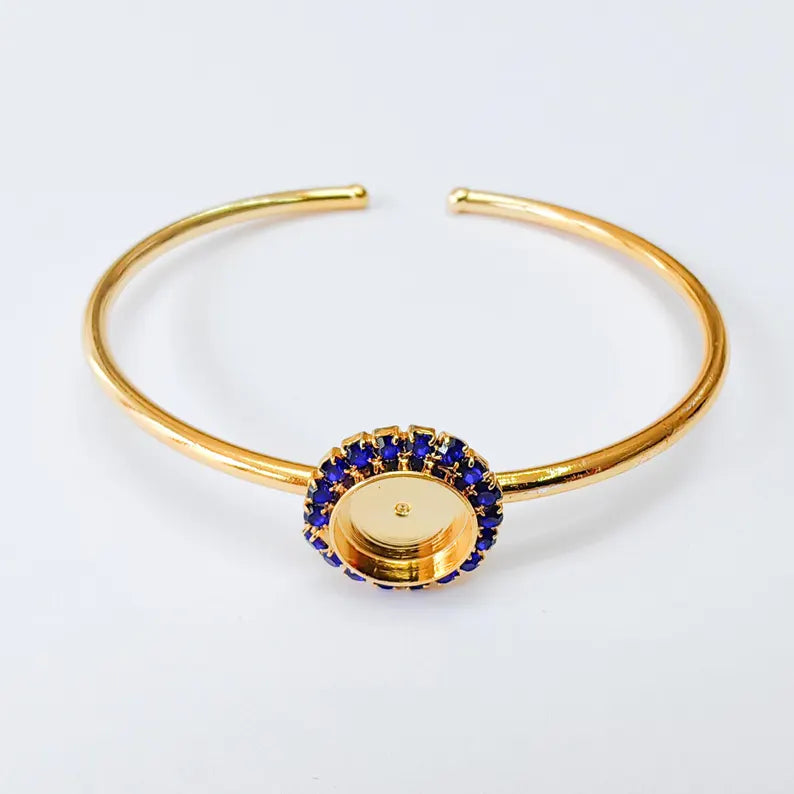 Navy Blue Crystal Accent Bracelet Bezel, Adjustable Cuff Bangle, 10mm Round Setting, 24k Shiny Gold Brass, G37390 (Copy)