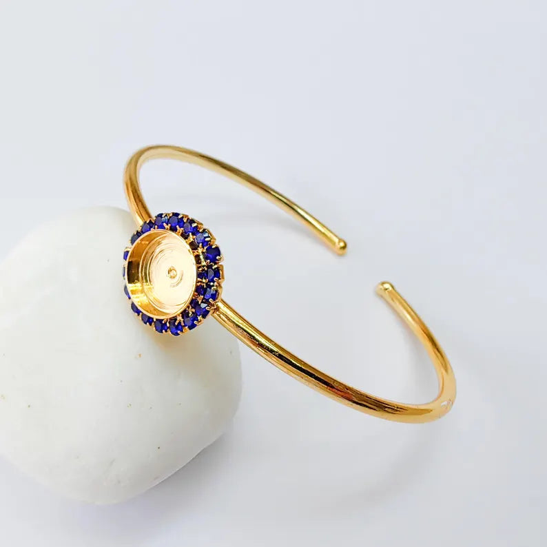 Navy Blue Crystal Accent Bracelet Bezel, Adjustable Cuff Bangle, 10mm Round Setting, 24k Shiny Gold Brass, G37390 (Copy)