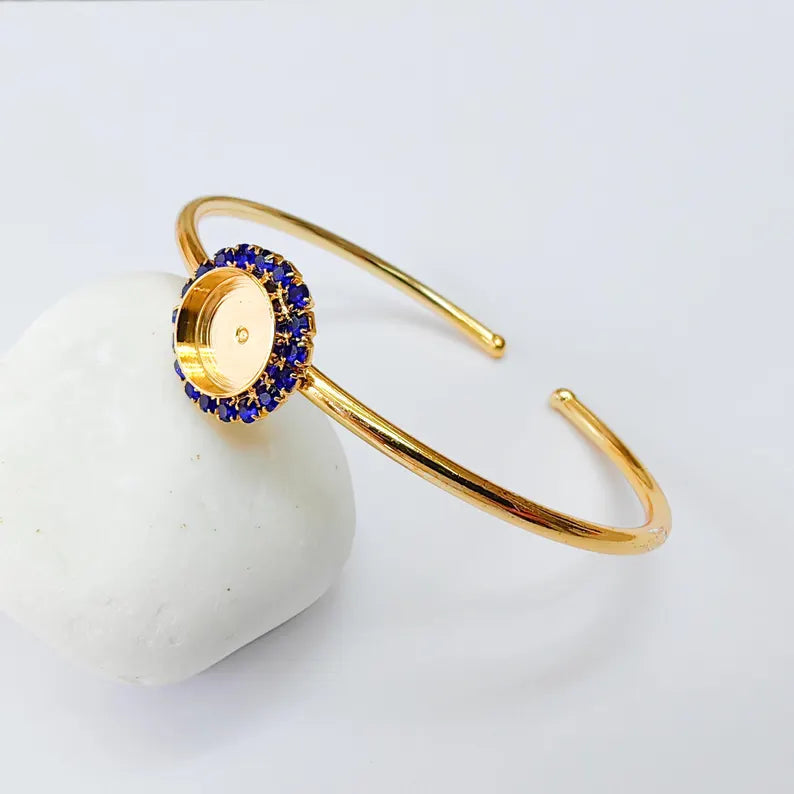 Navy Blue Crystal Accent Bracelet Bezel, Adjustable Cuff Bangle, 10mm Round Setting, 24k Shiny Gold Brass, G37390 (Copy)