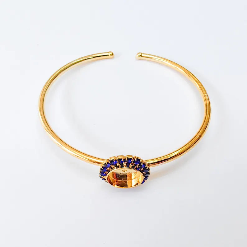 Navy Blue Crystal Accent Bracelet Bezel, Adjustable Cuff Bangle, 10mm Round Setting, 24k Shiny Gold Brass, G37390 (Copy)