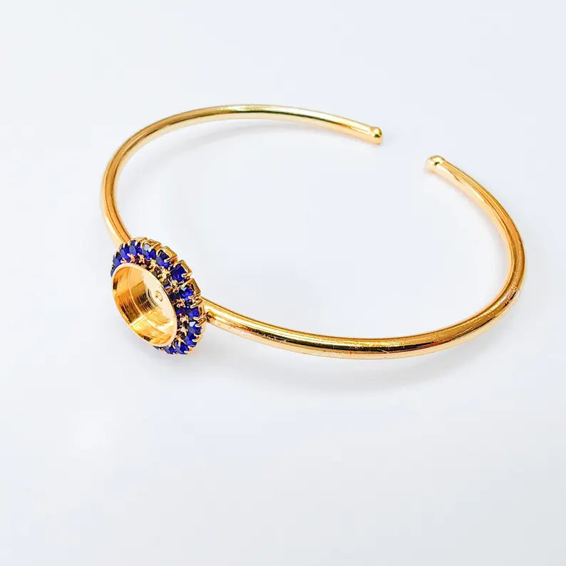 Navy Blue Crystal Accent Bracelet Bezel, Adjustable Cuff Bangle, 10mm Round Setting, 24k Shiny Gold Brass, G37390 (Copy)